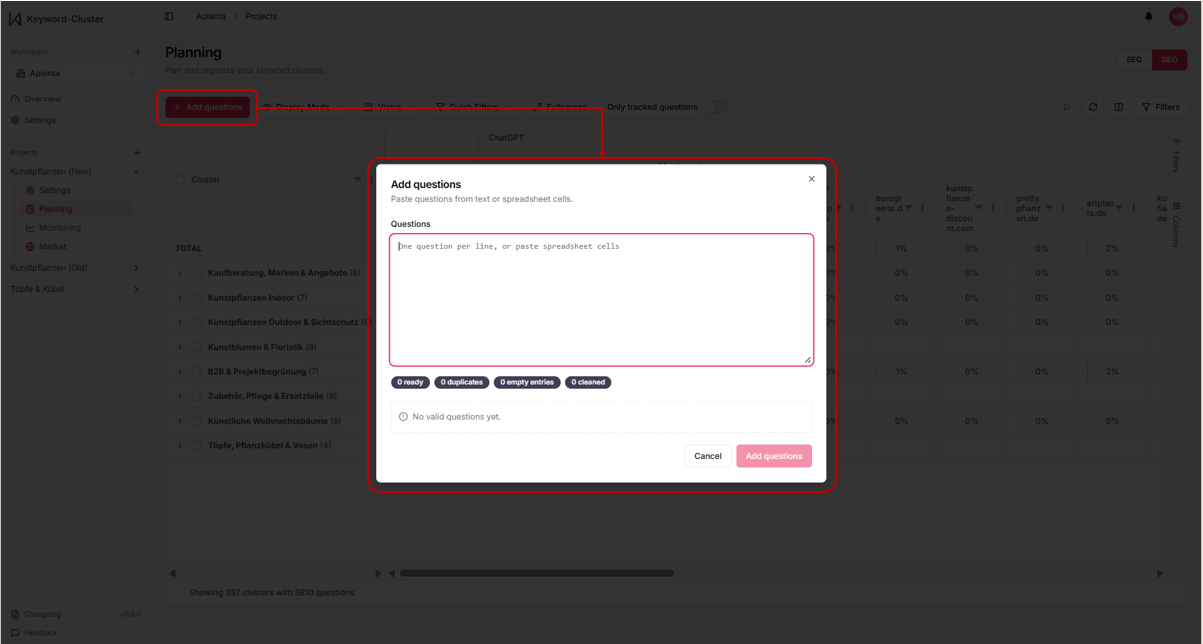 Add-questions-Modal: Prompts per Copy & Paste hinzufügen