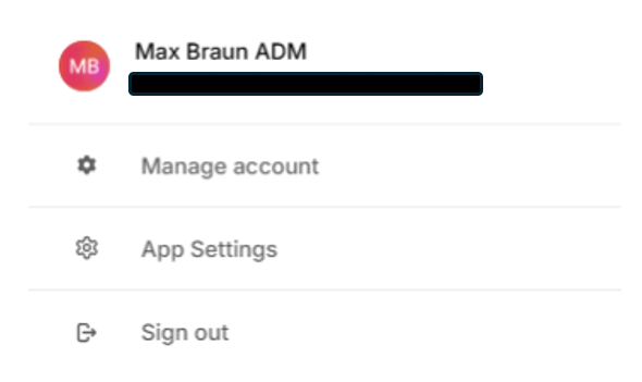 Account-Dropdown mit Manage account, App Settings und Sign out