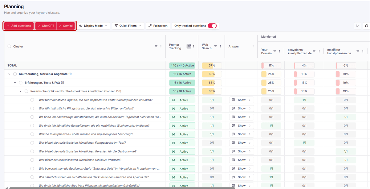 Planning view with engine selection: ChatGPT and Gemini as selectable engines