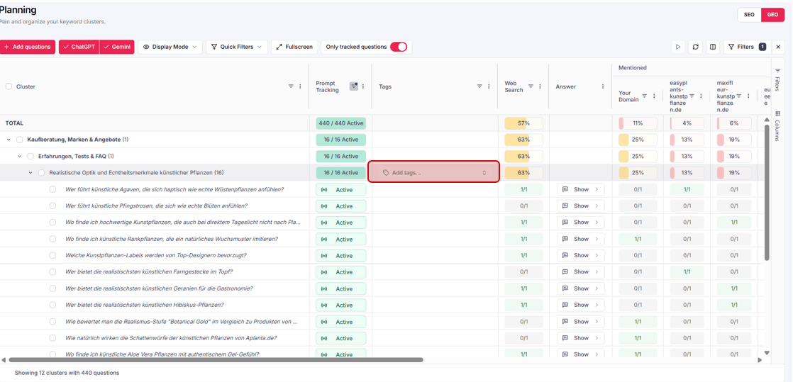 GEO tab of the Planning view with a new Tags column and an “Add tags…” field per cluster