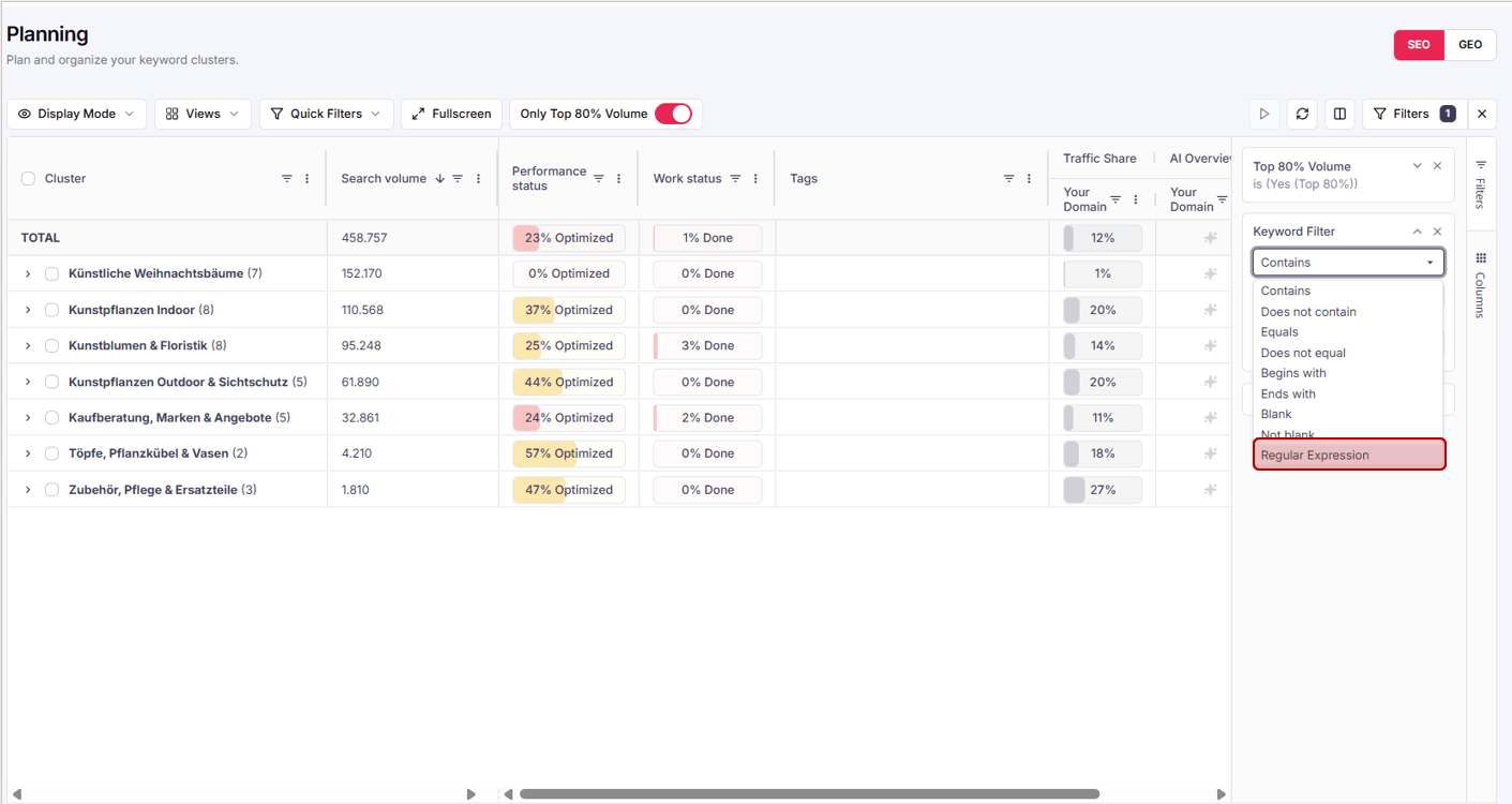 Filter menu in the SEO tab with the “Regular Expression” option selected