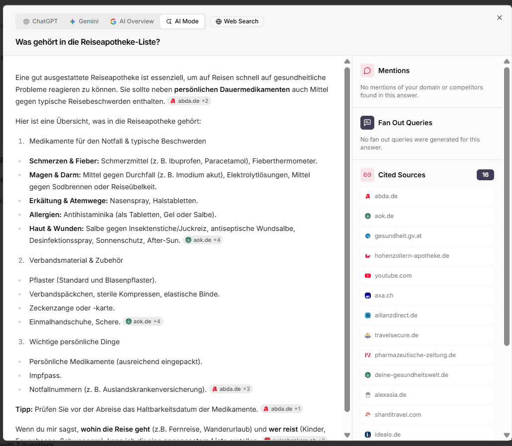 Google AI Mode for the same question with its own source selection and structure